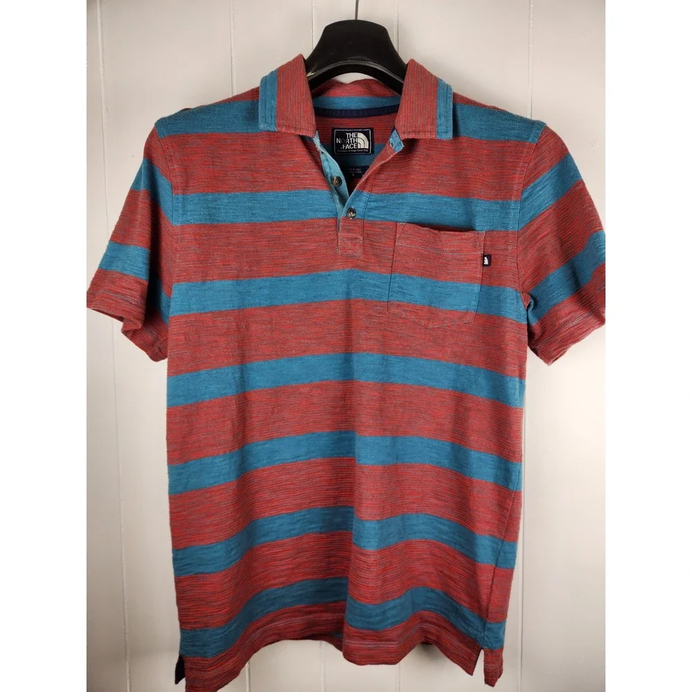 The North Face Mens Striped Polo Shirt Short Sleeve Blue Red Pocket Small